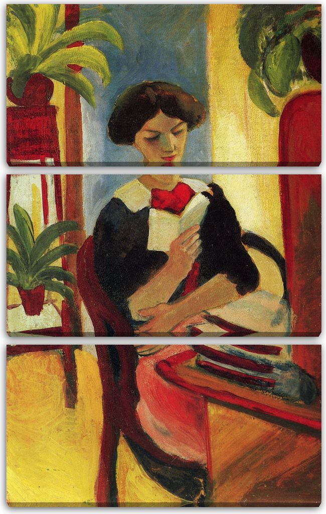 Leinwandbild 3-teilig (80x120cm): August Macke - Abstrakt Elizabeth Reading, echter Holz-Keilrahmen inkl. Aufhänger, handgefertigt in Deutschland
