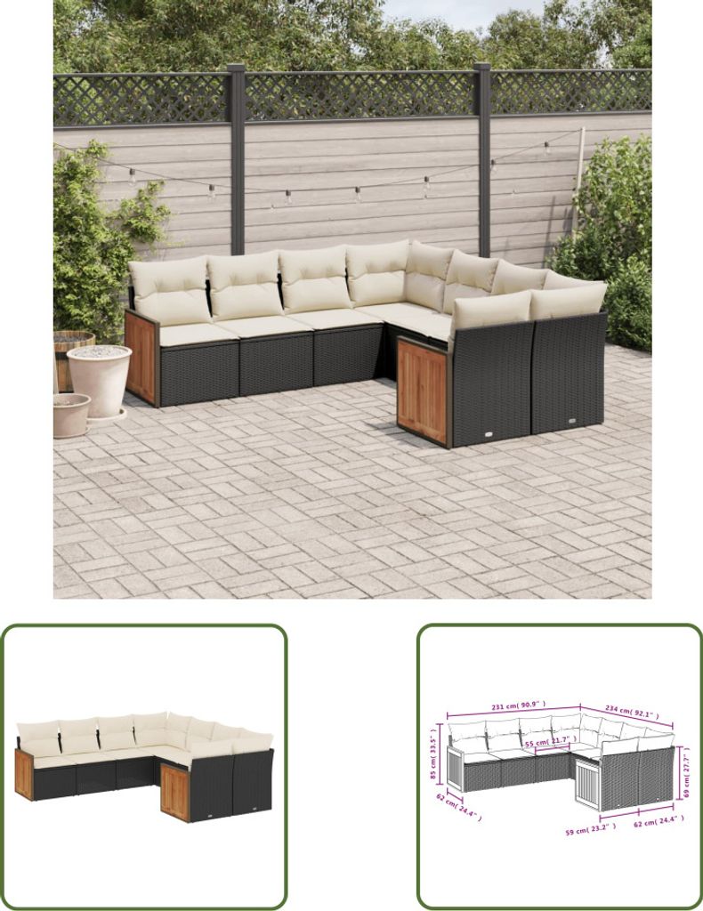 The Living Store 8-tlg. Garten-Sofagarnitur mit Kissen Schwarz Poly Rattan