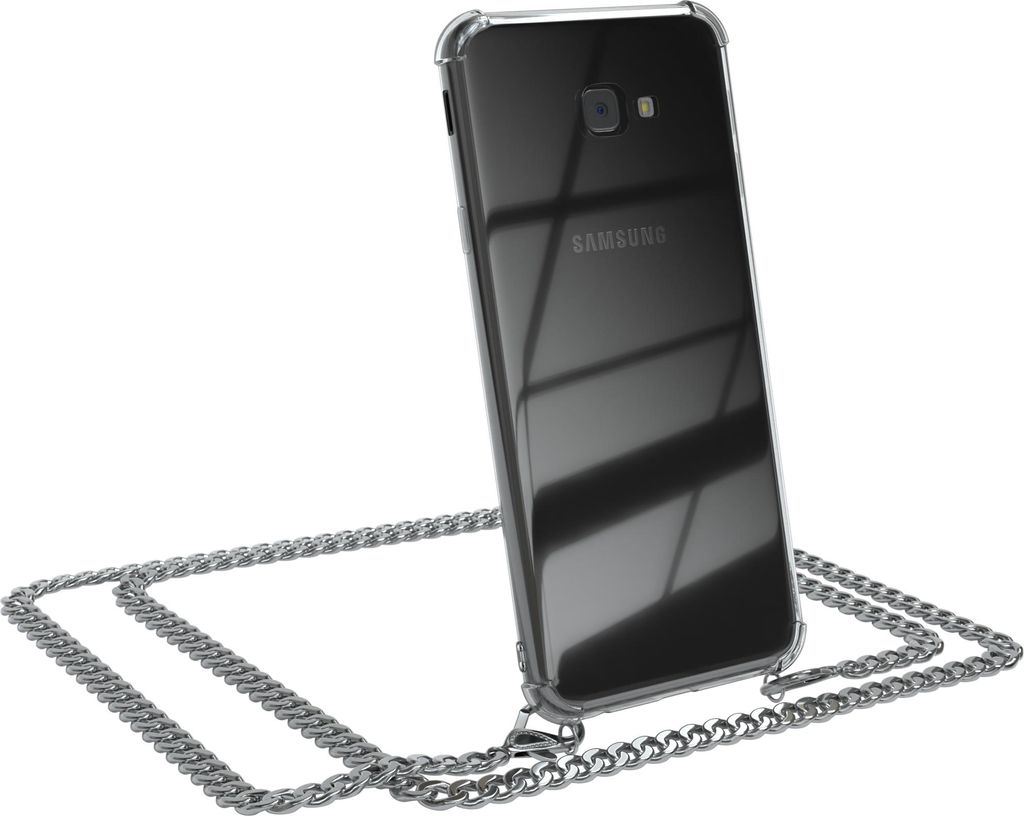 EAZY CASE Metall Handykette für Samsung Galaxy J4 Plus, Handyhülle mit Umhängeband, Silikonhülle, Metallkette für Smartphone in Silber