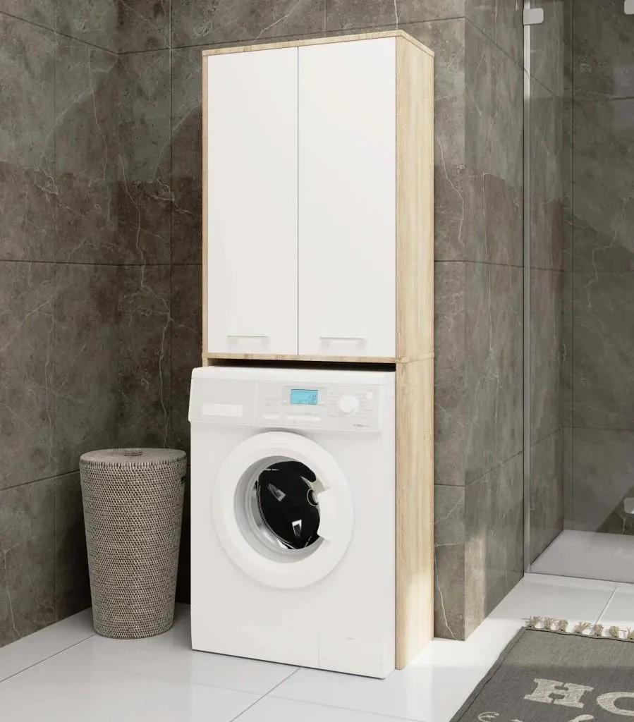 Meuble de rangement WC et lave-linge MERALYA blanc et bois 64x26x190 cm