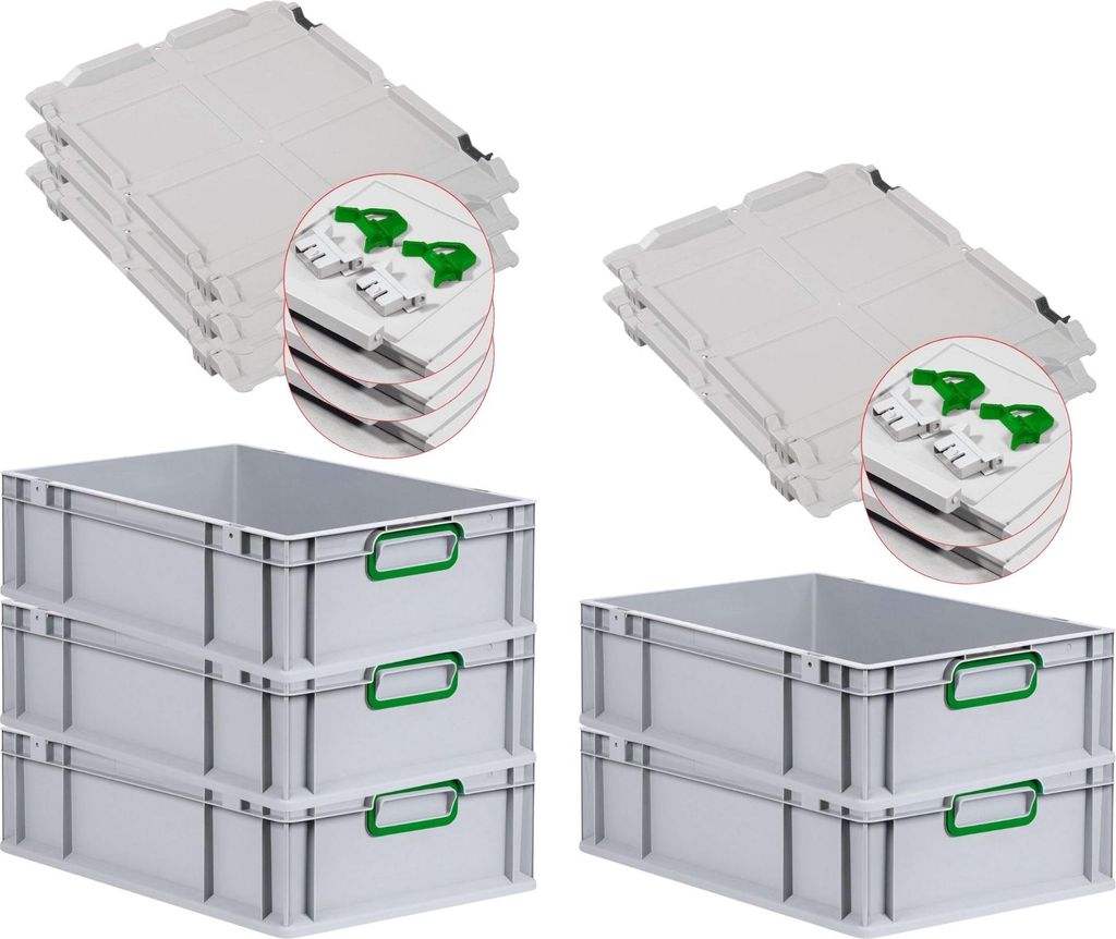 SuperSparSet 5x Eurobox NextGen Color mit Scharnierdeckel und Schiebeschnappverschlüssen | HxBxT 17x40x60cm | 34 Liter | Grau | Griffe grün gesch...