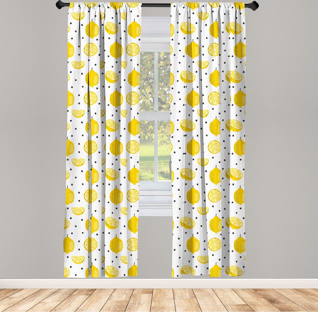 ABAKUHAUS Zitrone Vorhänge, Gardinen, Sommer-Muster ganze und halbierte Zitrusfrucht mit Tupfen, 2 Stück 75 x 225 cm, , Senf Anthrazit grau