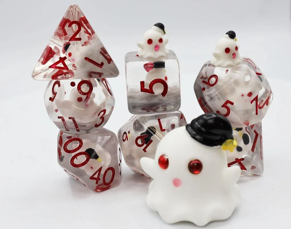 Dés RPG Sleepy Ghost multicolores aux reflets fantasy et design unique