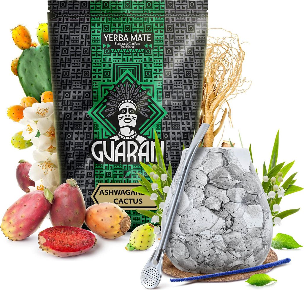 Mate Tee Set Guarani Ashwagandha 500g Kalebasse Marmol Blanco + Bombilla