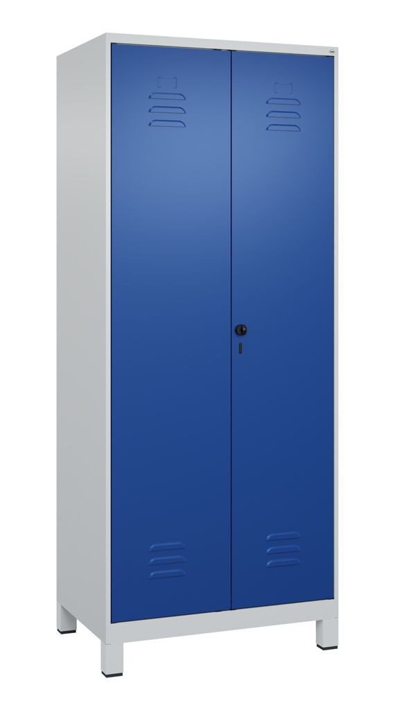 Garderobenschrank, paarw. zuein. schlagende Türen, BxTxH 800x500x1950 mm, 2 Abteile, Abt.B 400 mm, Füße, Drehriegel, RAL 7035/5010