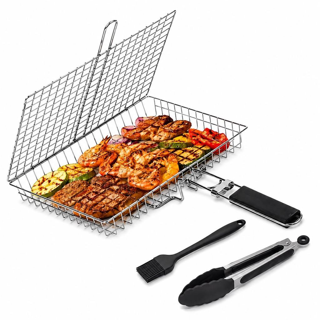 Großer Edelstahl Grillguthalter Grillkorb Faltbar Tragbark mit Silikonpinsel und Grillzange,Miscellaneous barbecue accessories,Campingausrüstung&BBQ