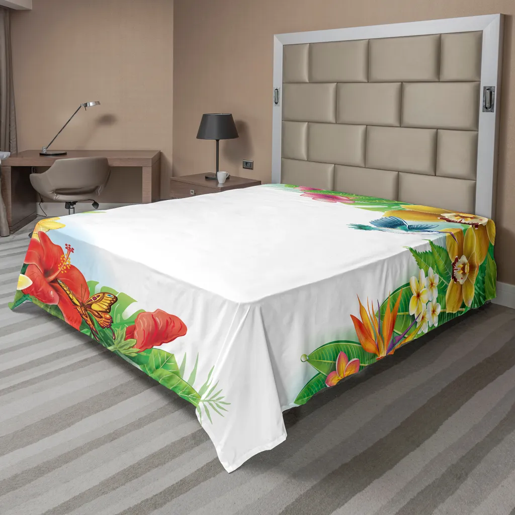 Drap de lit plat motif jungle exotique, linge de lit doux 244 x 205 cm