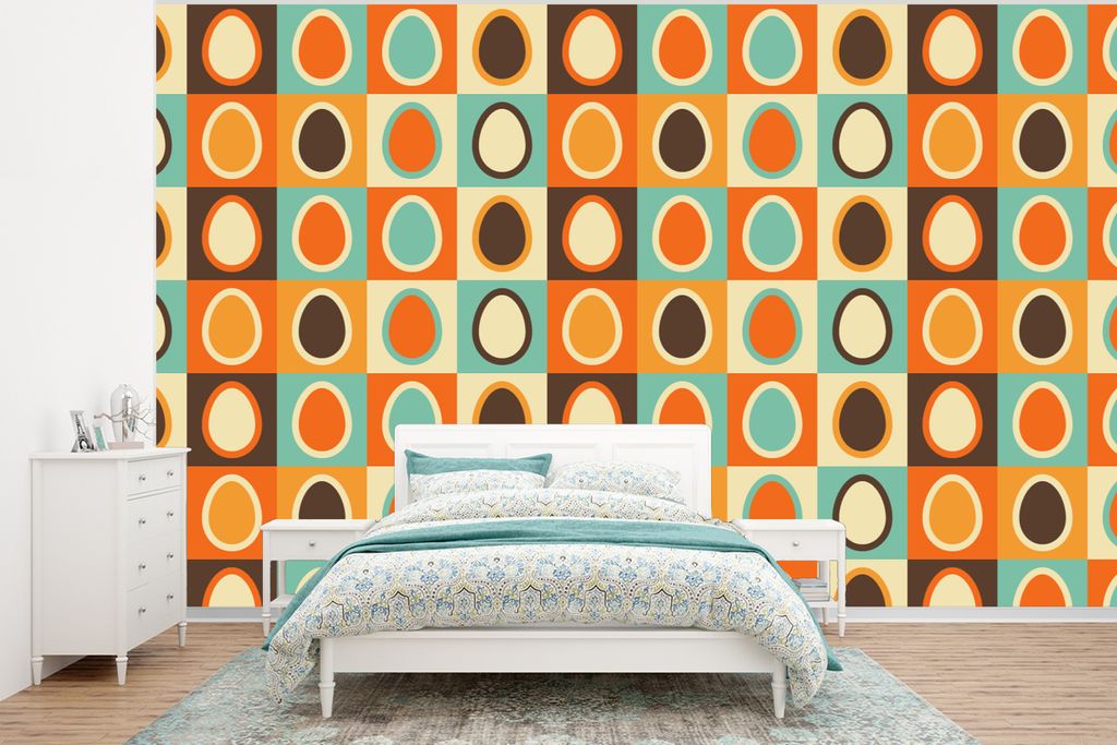 MuchoWow Fototapete für Wohnzimmer oder Schlafzimmer Wandtapete Vinyl Motivtapete Retro - Muster - Ei - 295x220 cm - Wand Tapete