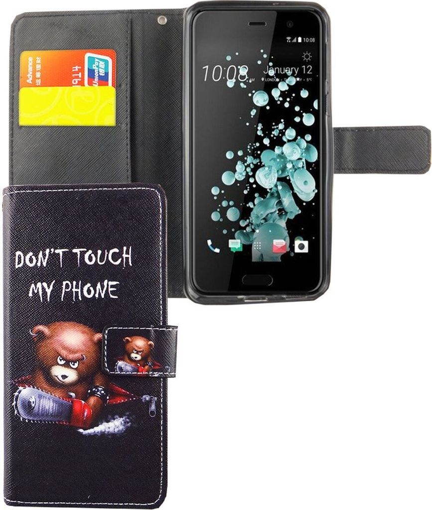 Handyhülle Tasche für Handy HTC U Play Schriftzug Bär mit Kettensäge