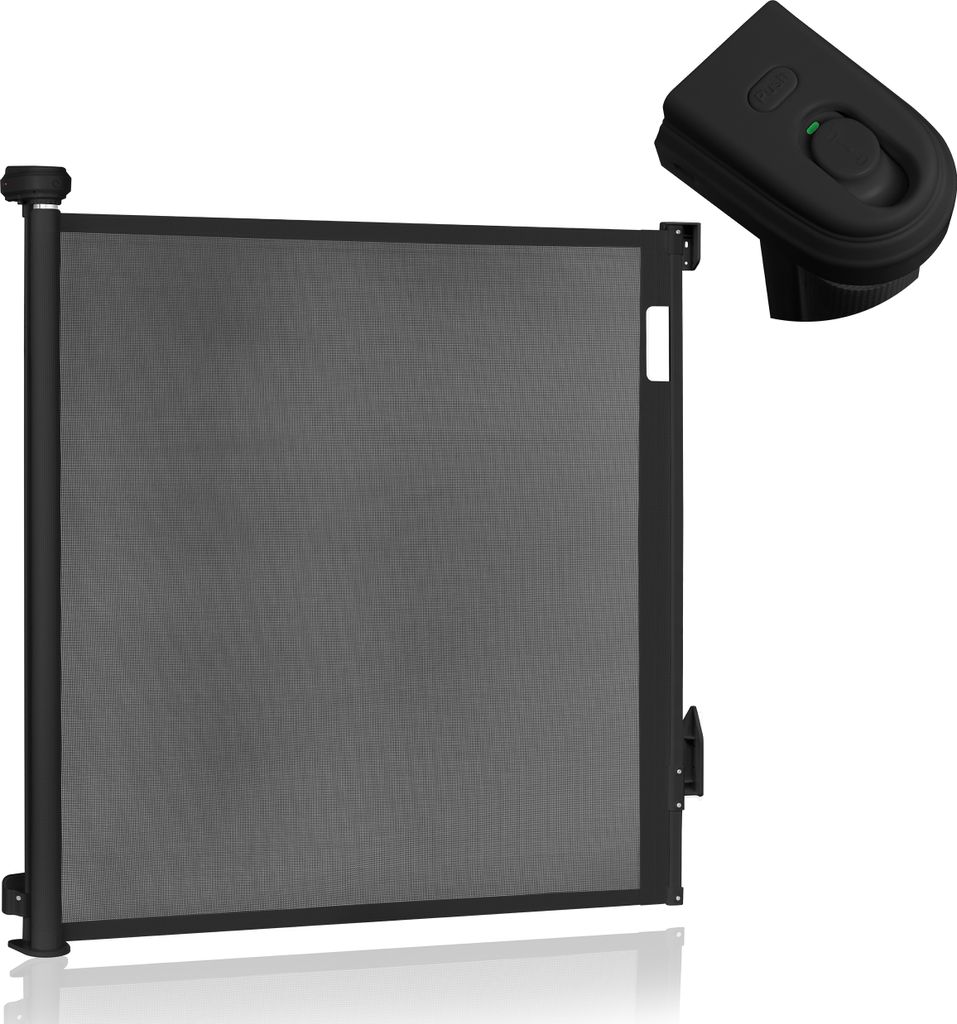 A black retractable baby gate and a black remote control are shown against a white background.