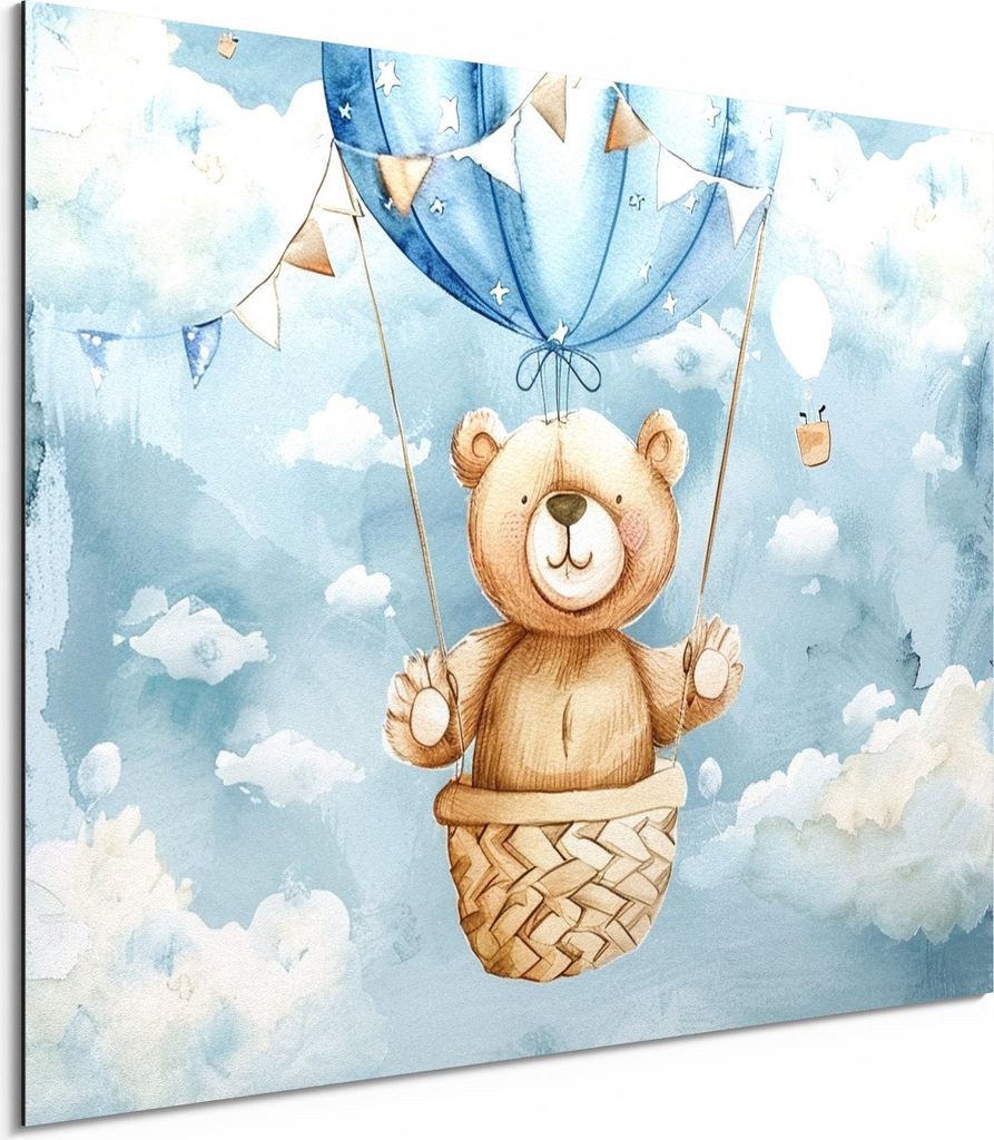 DEQORI Alu-Dibond Bild Weiß 80x60 cm 'Bärchen im Ballon' Wandbild Metall dünn Design
