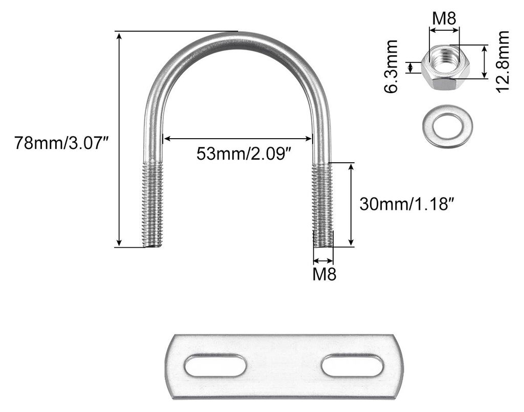 2 Stš¹ck Runde U Bolzen M8x1.25 Bš¹gelschraube 53mm x 78mm U Schrauben mit Mutter Platte 304 Edelstahl Rundstahlbš¹gel zum Befestigen Kabel R...