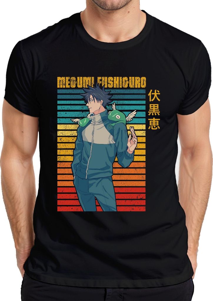 Megumi Fushiguro Jujutsu Kaisen Shikigami Frosch Geschenk Vintage Herren T-Shirt, Schwarz, L
