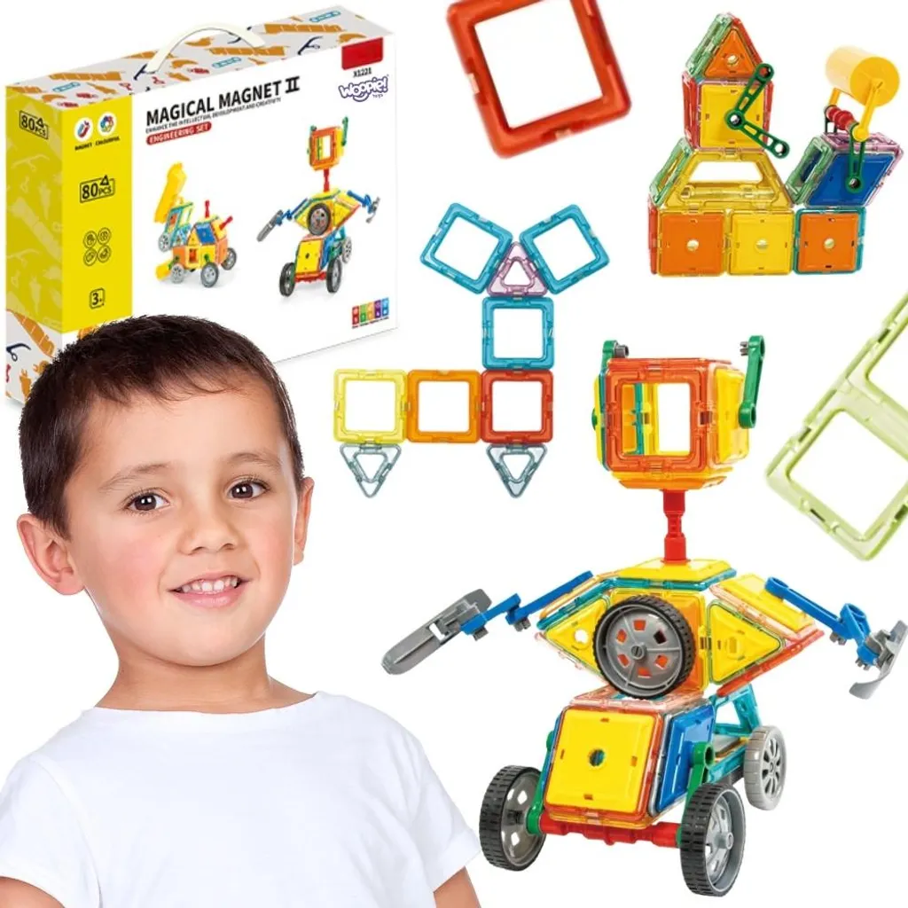Blocs magnétiques 3D colorés Woopie : 80 pièces créatives pour véhicules