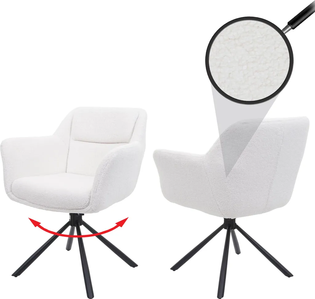 Lot de 2 chaises pivotantes bouclé blanc pour salle à manger HWC