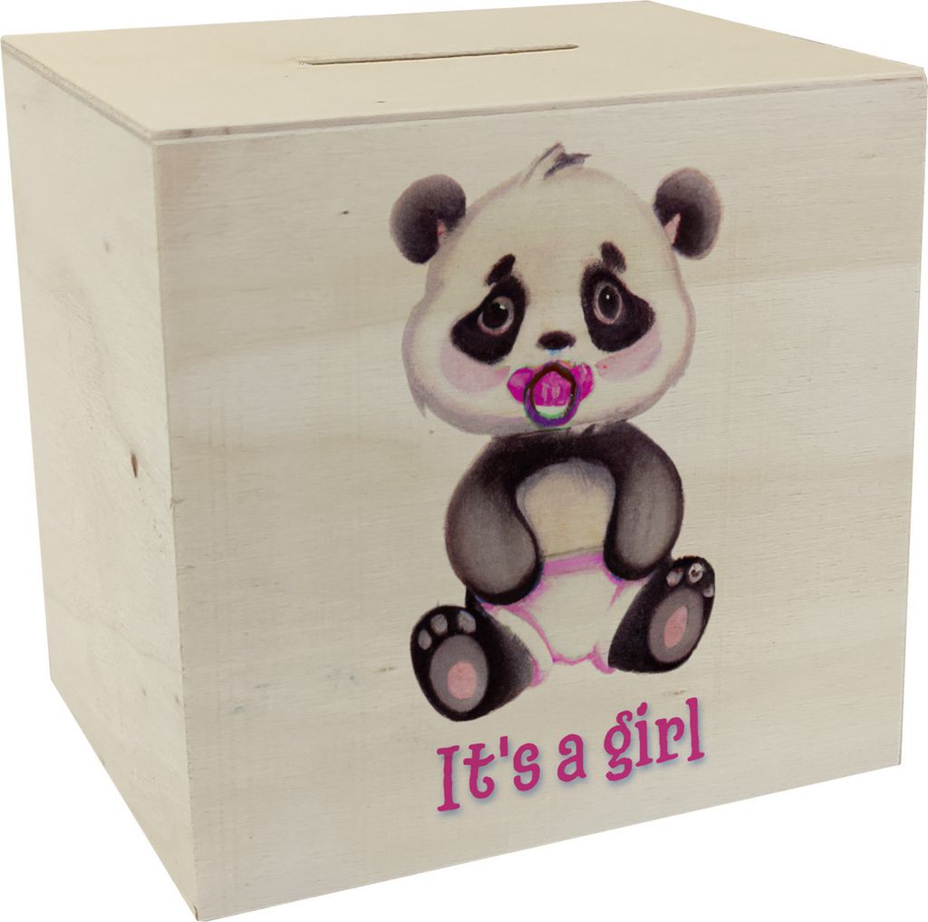 It's a girl Baby Panda Spardose aus Holz in rosa