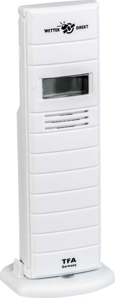 A white weather station sensor on a white stand.