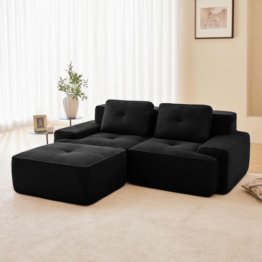 Boneless Modulsofa, Modernes L-förmiges Modulsofa, bequemes Corduroy-Cloud-Sofa mit Ottoman, Getuftetes Zweisitzer-Schlafsofa, Schwarz