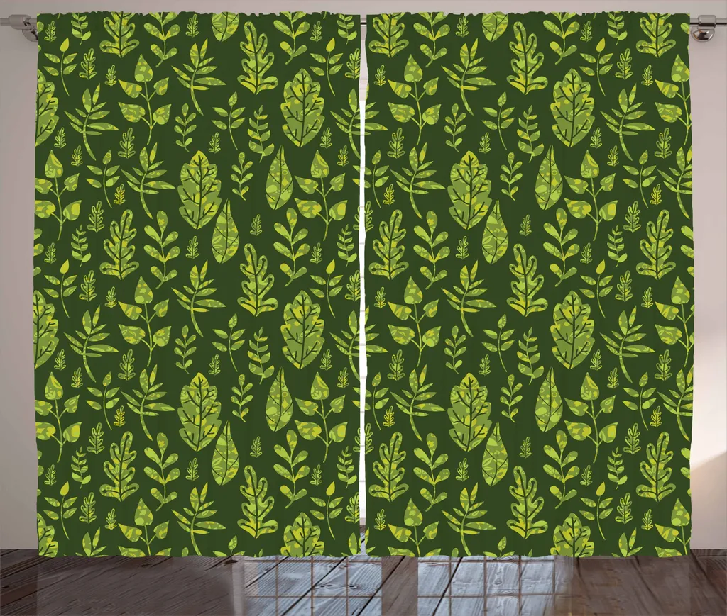 ABAKUHAUS Tenda rustica in salvia, Patterned Green Leaves, tenda con passanti e ganci per camera da letto, 280 x 175 cm, verde mela verde scuro