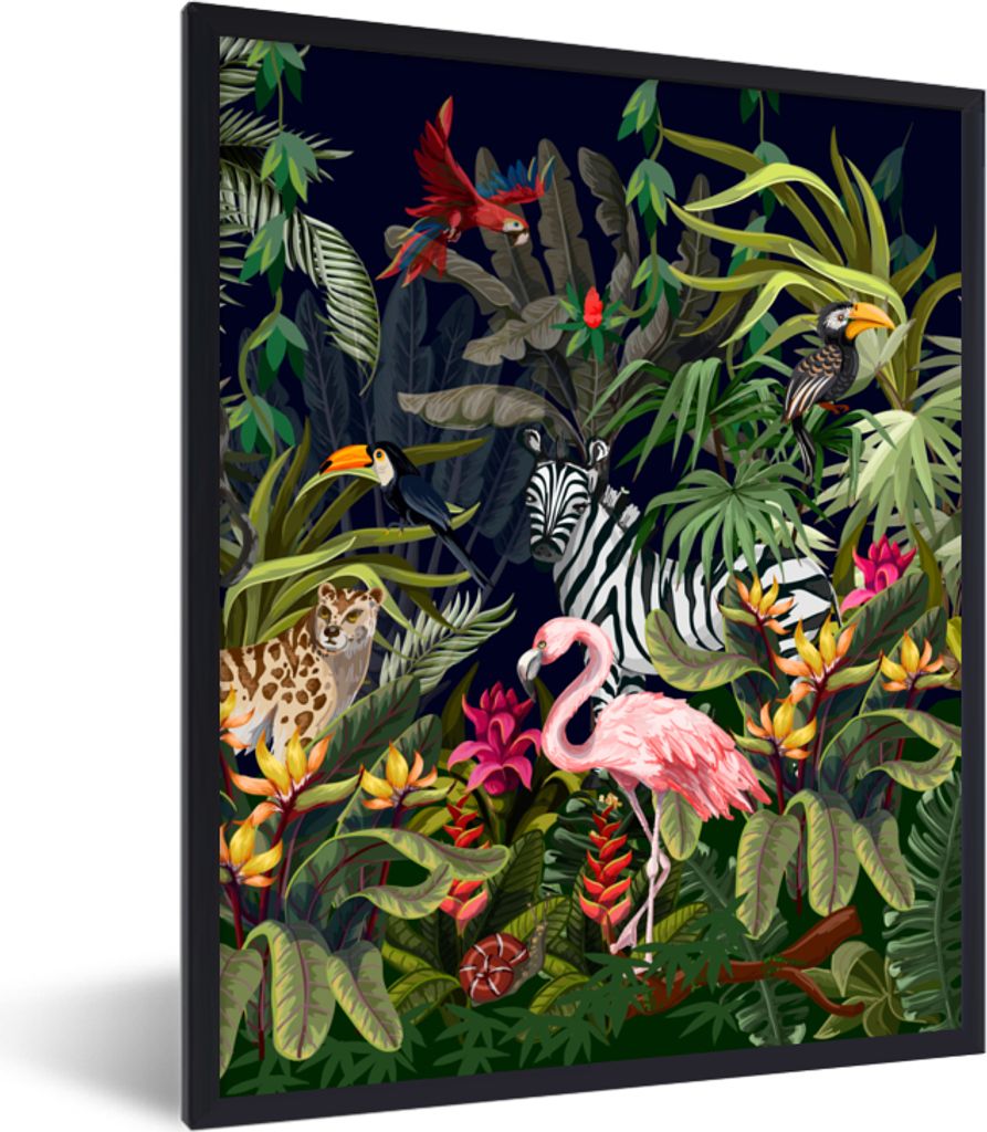 MuchoWow Gerahmtes Poster Dschungeltiere - Natur - Jungen - Mädchen - Flamingo - Zebra 30x40 cm - Poster mit Schwarzem Bilderrahmen Wandposter R...