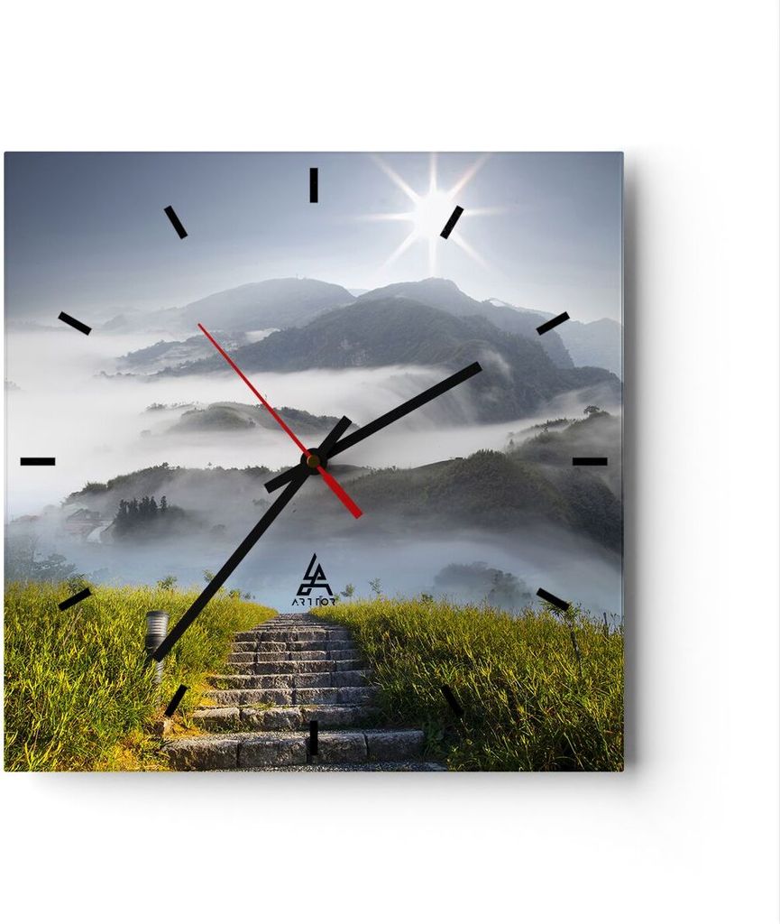 Wanduhr - Quadrat - Glasuhr - Berg Nebel Landschaft Morgen - 30x30cm - Schleichendes Uhrwerk - Lautlos - zum Aufhängen bereit - Dekoration Modern ...