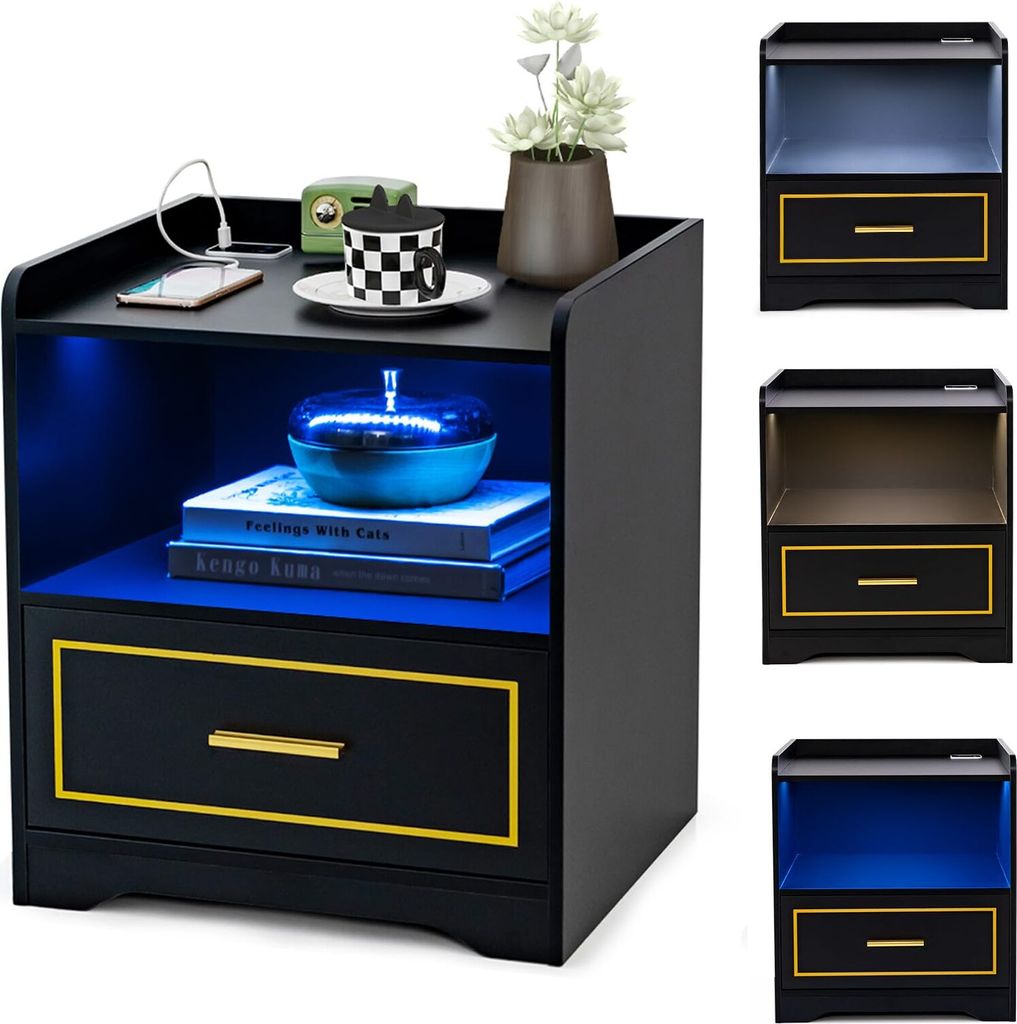 Nachttisch mit LED-Leuchte, 1 USB & TYPE-C-Anschluss & Körperinduktionsfunktion, Sofatisch mit Schublade & offenen Fächern, 45x40x50cm (schwarz)