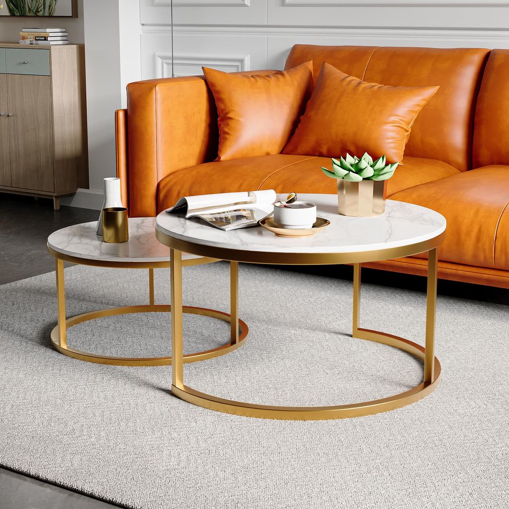 ProximaX Vintage Couchtisch mit goldenen Tischbeinen, weißer Oberfläche, Nesting-Design, platzsparend und modern, ideal für Wohnzimmer, elegante...