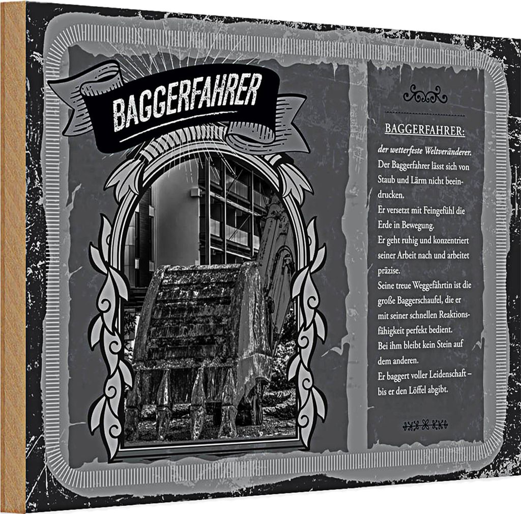 Holzschild Berufe 30x20cm Baggerfahrer Staub Lärm baggert