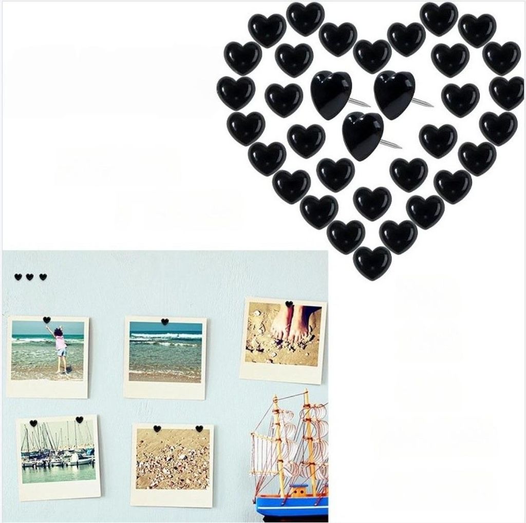 INF 30 Stück Herz Reißzwecken, Dekorative Pinnadeln für Kork- und Fotowände Schwarz