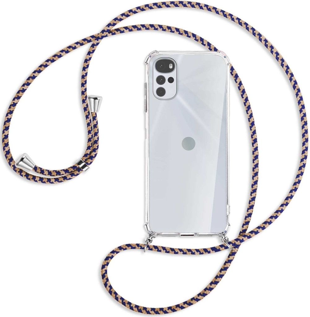 Handykette Backcover-Schutzhülle mit Band (Metall silberfarben) für Motorola Moto G22 4G - blau+beige