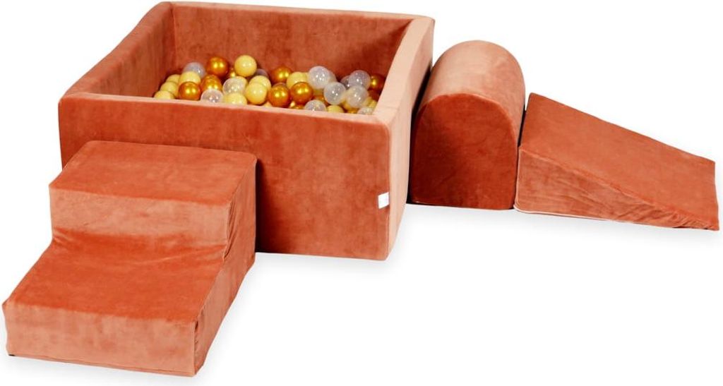 Schaumstoffspielplatz mit quadratischem Pool 90x90x40 Samtweicher Canyon-Ton + 400 Bälle: Beige, Gold, Transparent