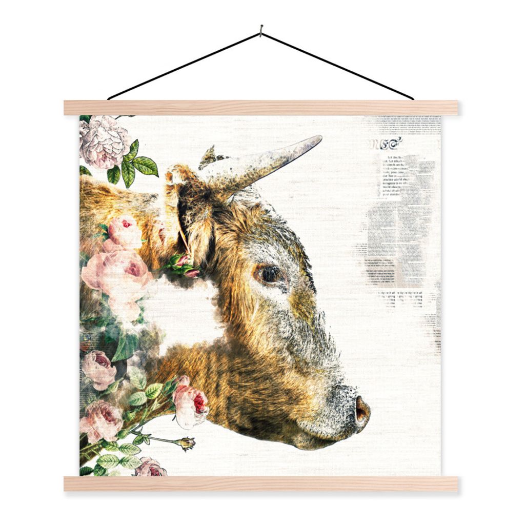 MuchoWow Textilposter Schottischer Highlander - Goldener Highlander 120x120 cm mit holzfarbenen Rahmen - Textil-Poster