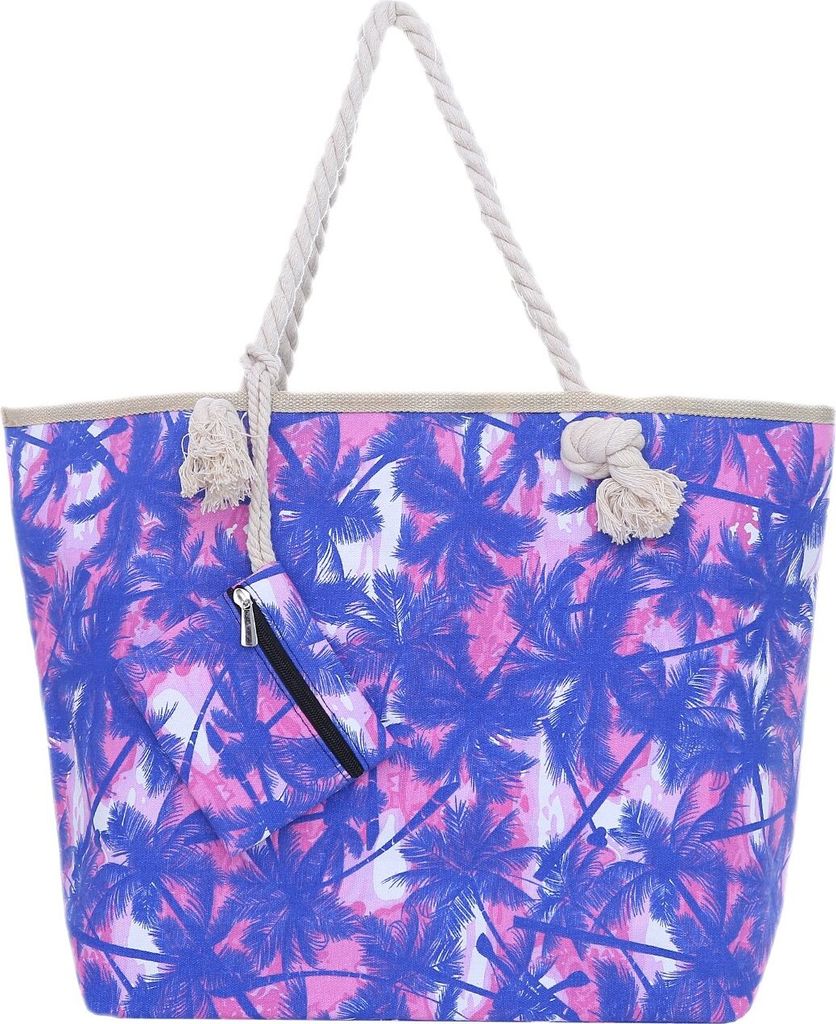 Große Strandtasche Shopper mit Reißverschluss - Palmen rosa-blau