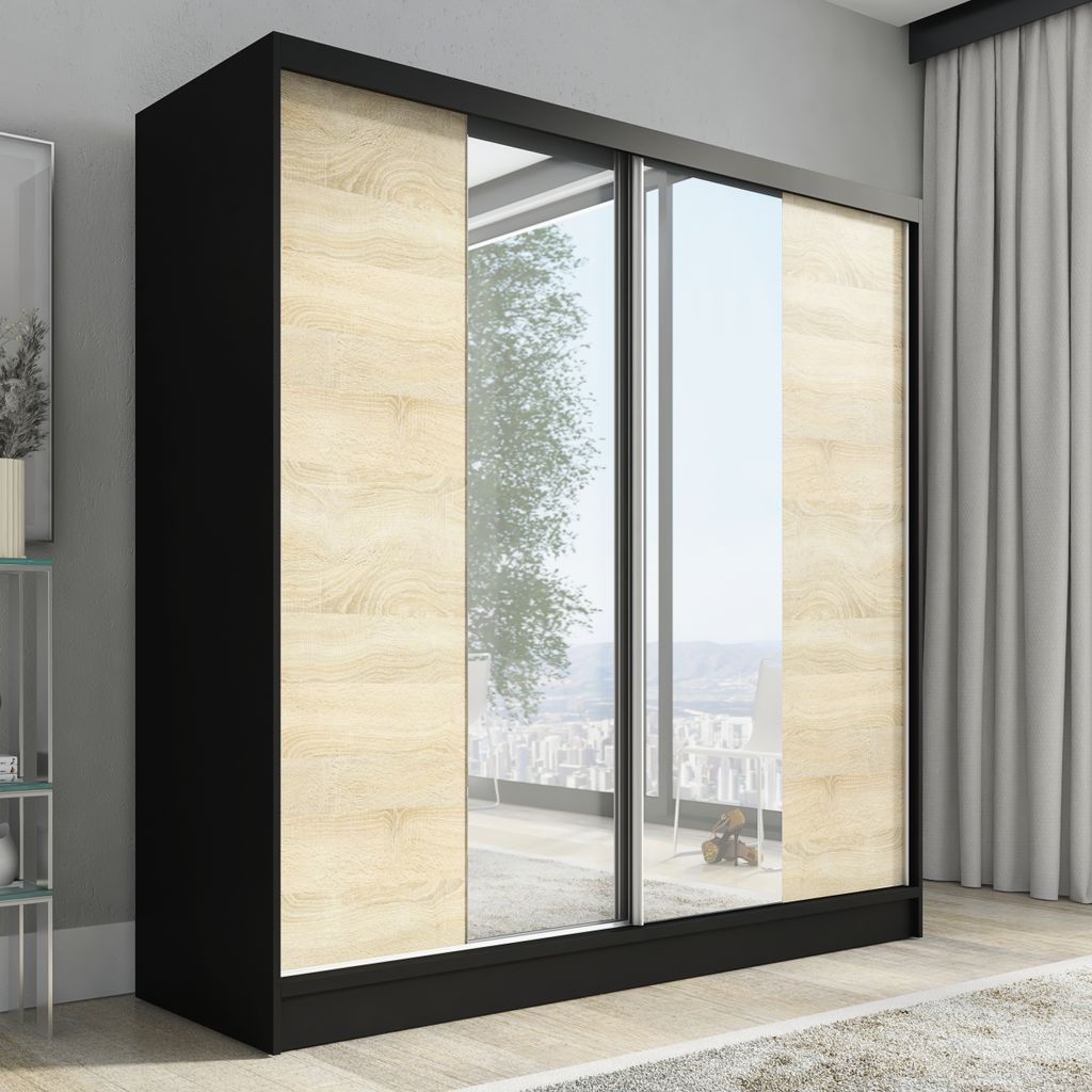 Schwebetürenschrank, 2-türig Schrank mit Spiegel DUO 200 (Weiß, Schwarz, Somona)