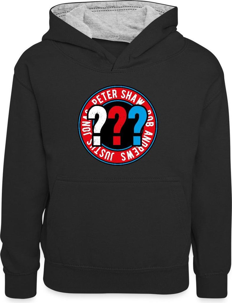 Spreadshirt Die Drei Fragezeichen Kids Logo Outline Kinder Kontrast-Hoodie, XS (3/4 years), Schwarz/Grau meliert