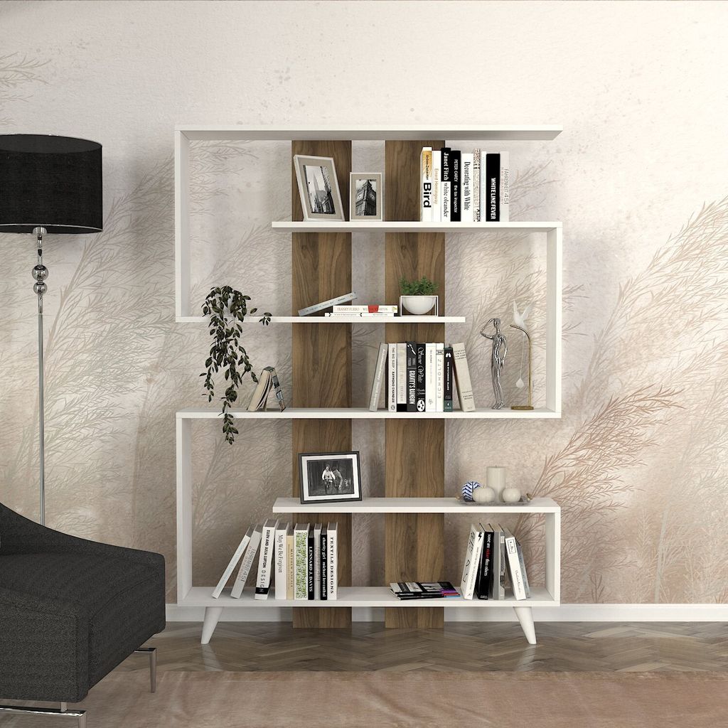 Skye Decor, Rain - White, Walnut, Büroregale, Weiß, Melaminplatte, 120 x 20 x 162 cm