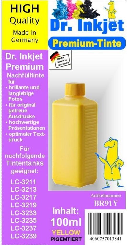 BR91Y - Yellow - Dr.Inkjet Premium Nachfülltinte kompatibel für Brother, 500 ml - Druckerpatronen für LC-421, LC-422 & LC-3211 bis LC-3239
