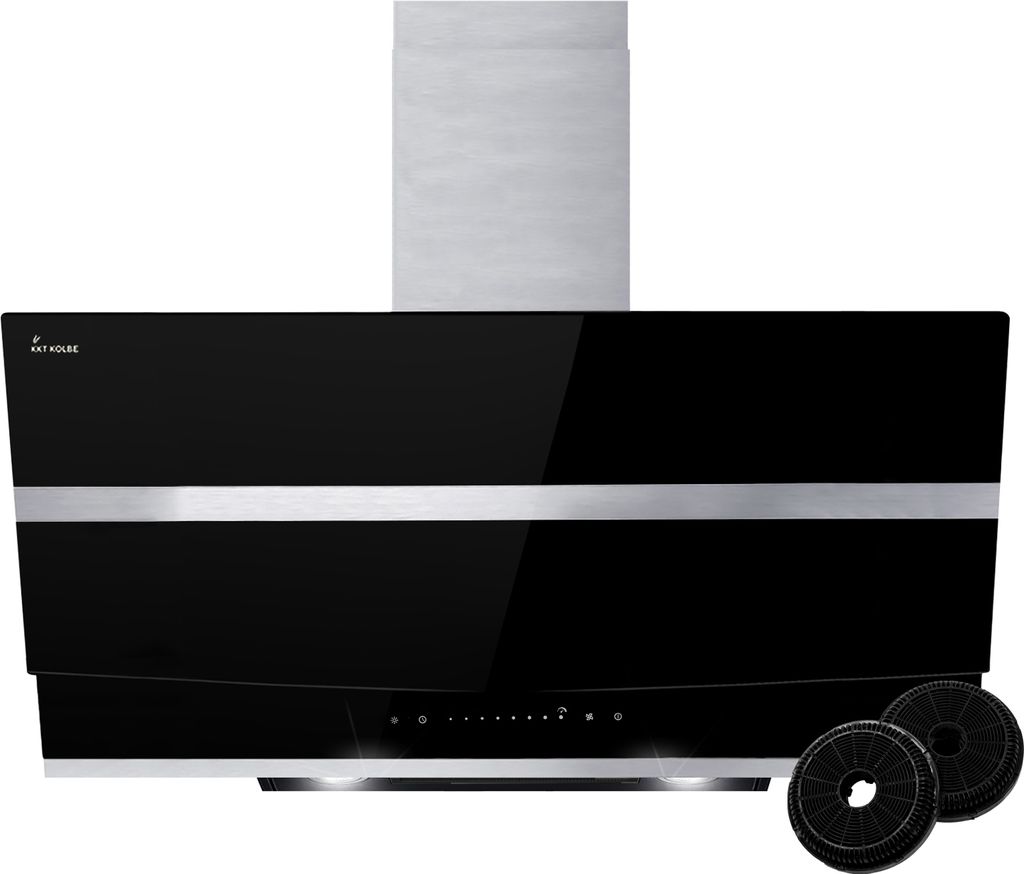 A black and silver range hood with a stainless steel chimney, shown against a white background. Two charcoal filters are placed in the foreground.