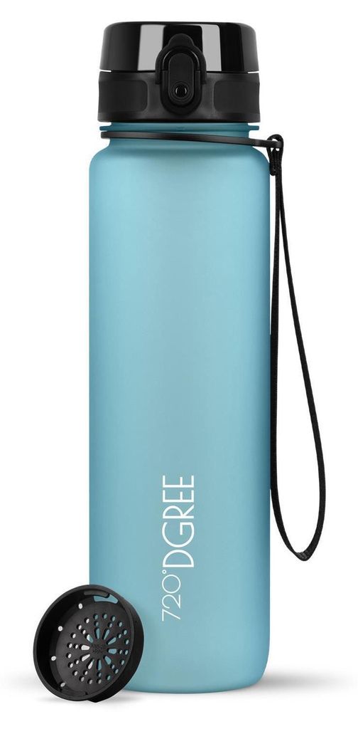 A light blue water bottle with a black lid and a black strap is shown against a white background. A black filter attachment is placed next to the bottle.
