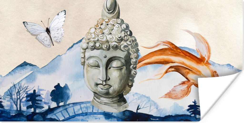 MuchoWow Poster Buddha - Fische - Schmetterling 80x40 cm - Wanddeko