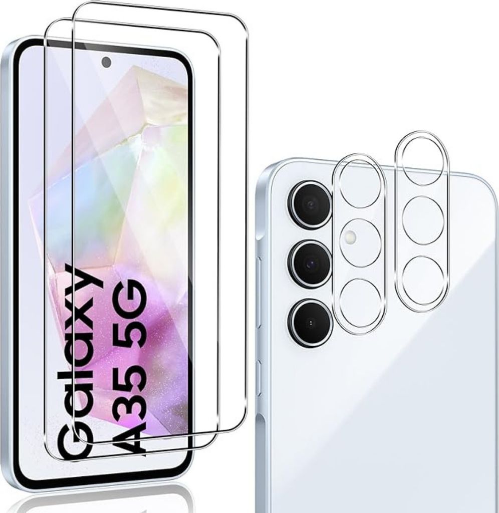A product image showcasing screen protectors and camera lens protectors for a Samsung Galaxy A35 5G.