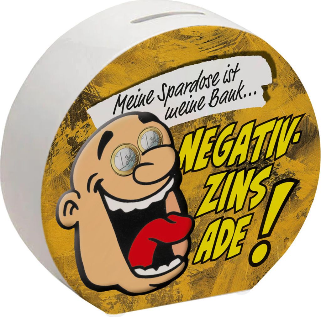 Spardose in gelb zum Thema Negativzins mit Comic-Motiv Produktbild 