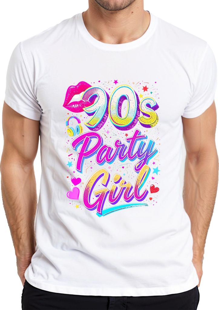 90s Party Girl Neon Lippen Kopfhörer Herzen Sterne Retro 90er Herren T-Shirt, Weiß, L