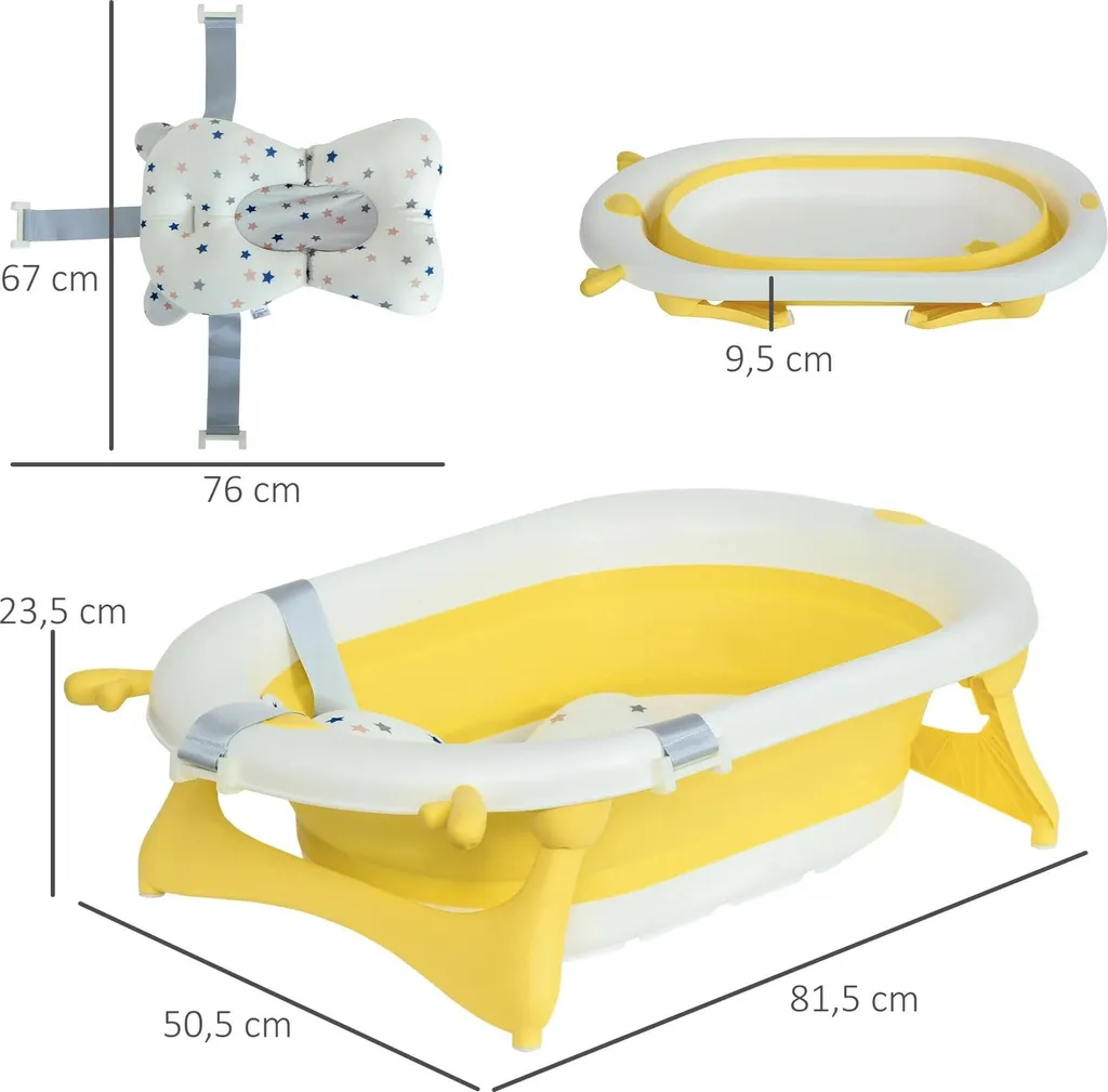 Baignoire bébé 35l pliable jaune avec coussin confort ergonomique