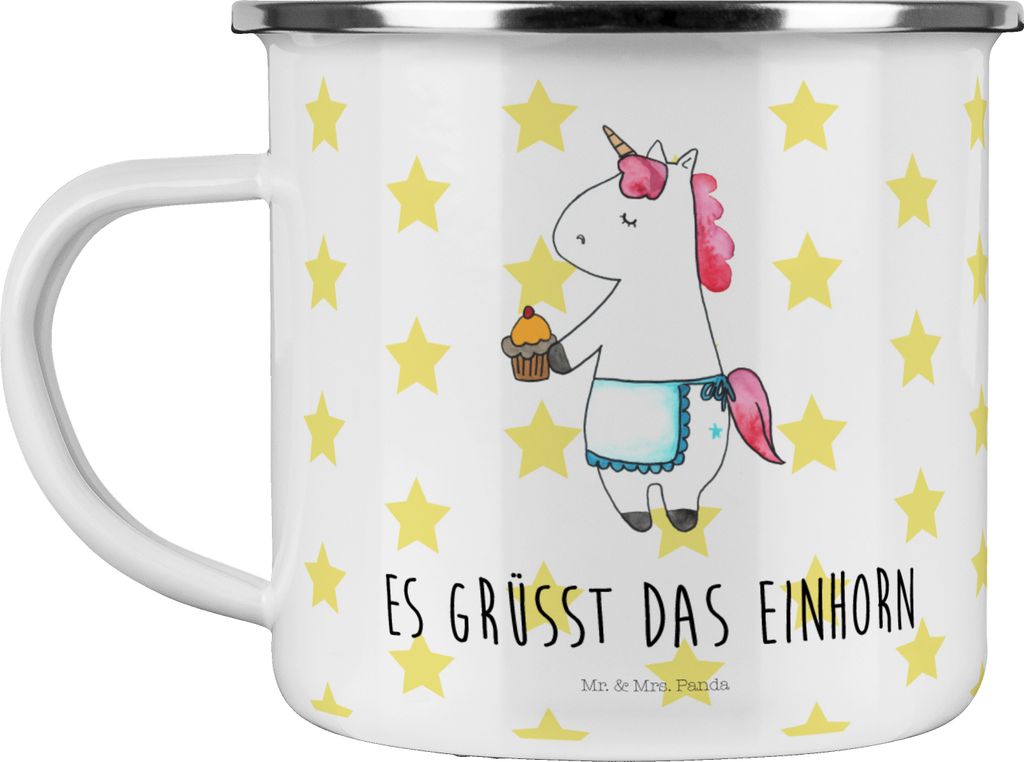 Mr. & Mrs. Panda Emaille Tasse Einhorn Muffin - Weiß - Geschenk, Teetasse, Geburtstag, Kaffeepott, Kekse, Unicorn, Geburtstagsgrüße, Campingbech...