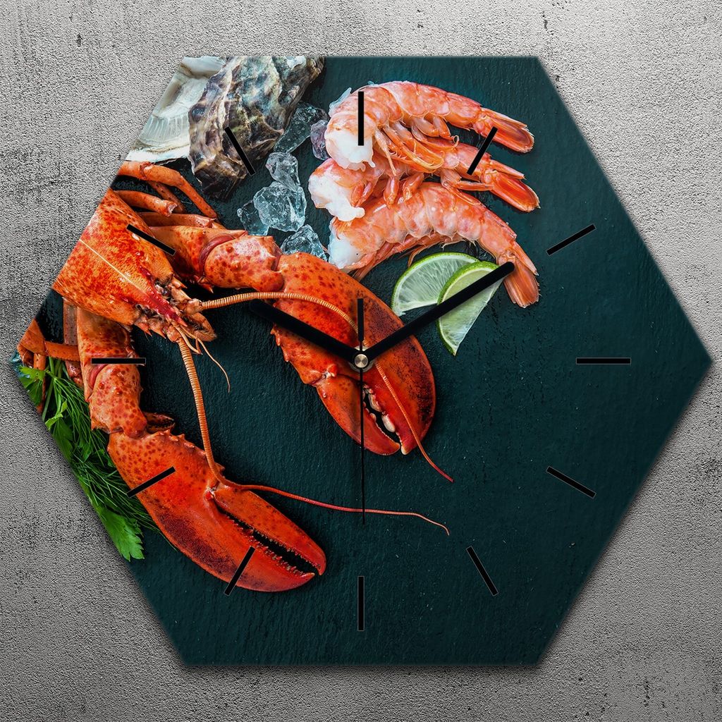 Uhr hexagonal 40 cm Glas Geräuschlos schwarze Zeiger - Meeresfrüchte Teller