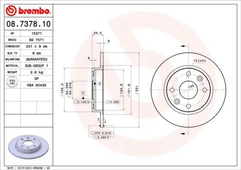 Brembo 08.7378.10 Disque de Frein OE B46126251A pour Mazda MX-5 NA