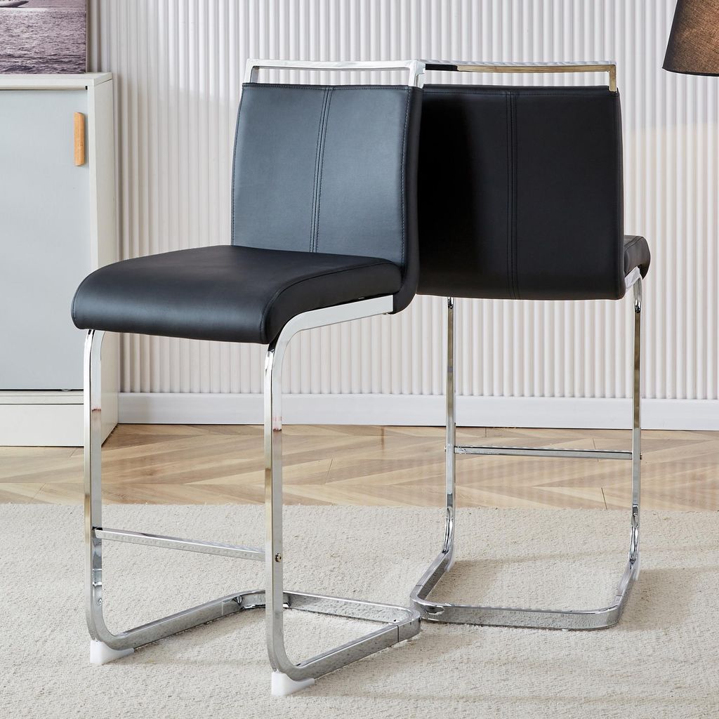 MODFU Barhocker 2er-Set Schwarz,Küchenstuhl mit silbernen Metallbeine auf horizontalem Balken,Loungesessel mit Sitzkissen und Rückenlehne,für Es...