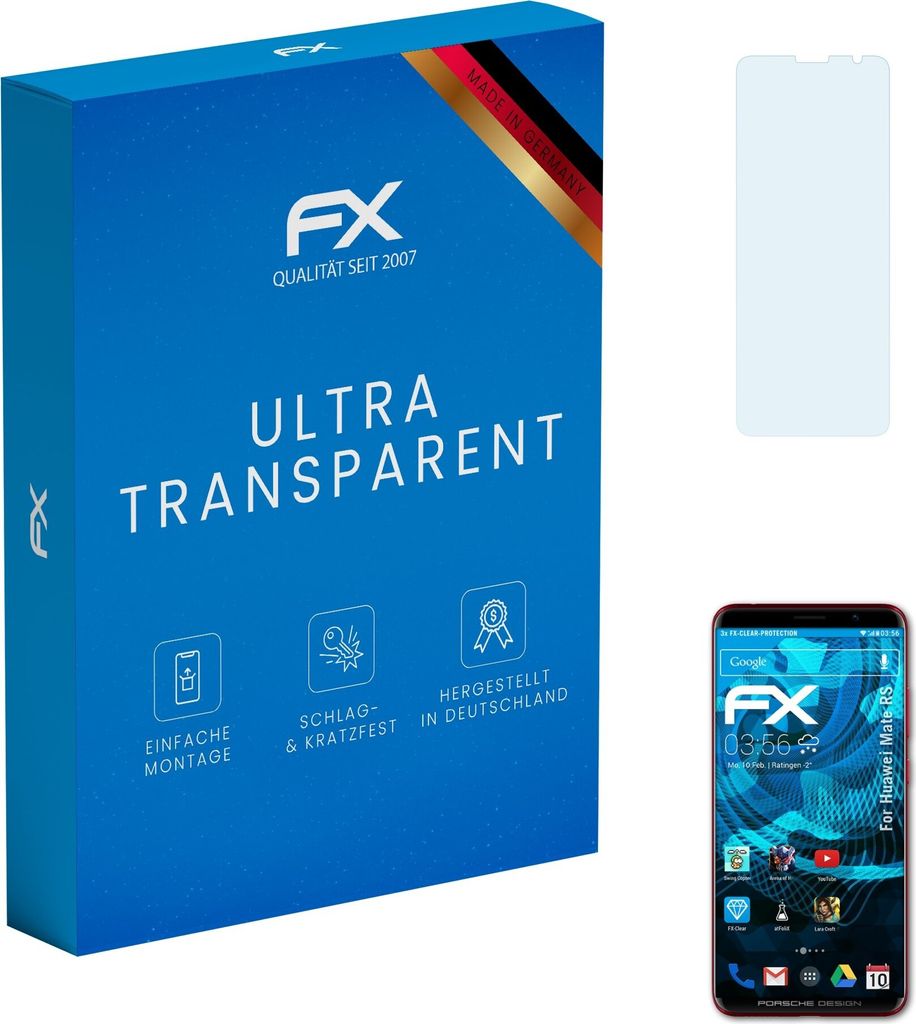 atFoliX FX-Clear 3x Schutzfolie kompatibel mit Huawei Mate RS Displayschutzfolie