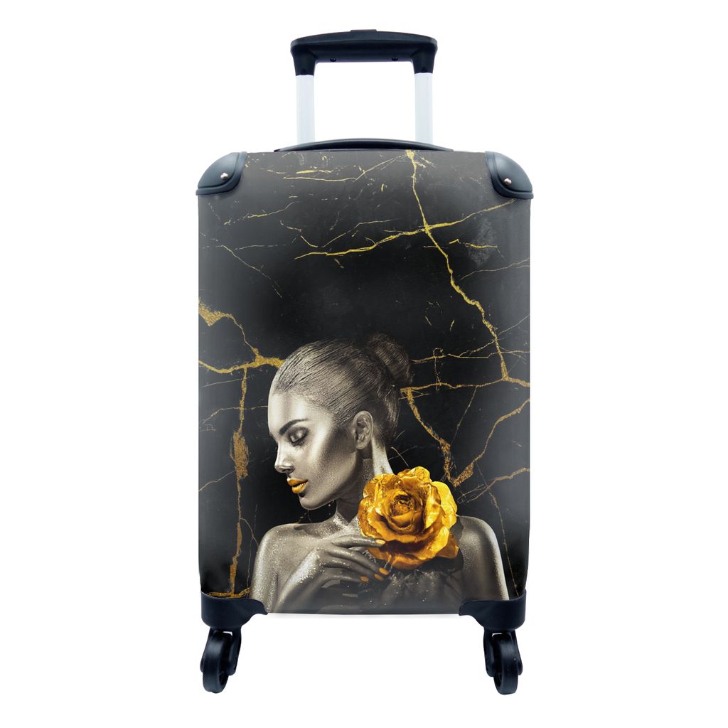 MuchoWow Koffer Handgepäck Trolley Rollkoffer Kleine Reisekoffer mit 4 Rollen - Frauen - Rosen - Gold - Marmor - Cabin Size < 55x40x23 cm & 55x4...
